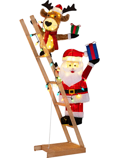 Costway 5.5' Christmas Lighted Reindeer Santa Ladder 100 LED Lights 70030271 New