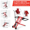 Hydraulic lawnmower lift jack showing adjustable height positions and brake puller, ideal for mower maintenance.