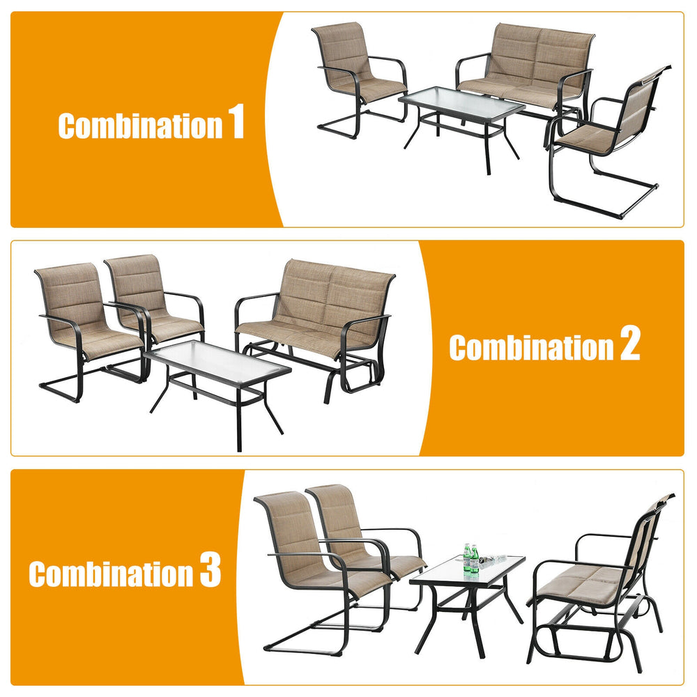 4-piece outdoor patio furniture set featuring a padded glider loveseat and coffee table in brown for versatile outdoor.
