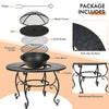 Round 35.5-inch patio fire pit dining table with cooking BBQ grate, heavy-duty steel frame, ideal for outdoor.