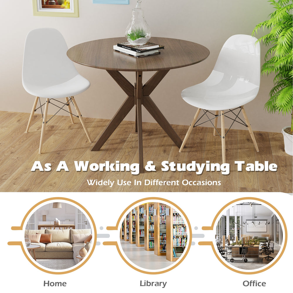 Round 36-inch wood dining table with intersecting pedestal base, ideal for home, office, or café use.