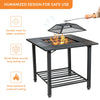Square 31-inch outdoor fire pit dining table with BBQ grate, sturdy steel frame, heat-resistant for versatile outdoor.