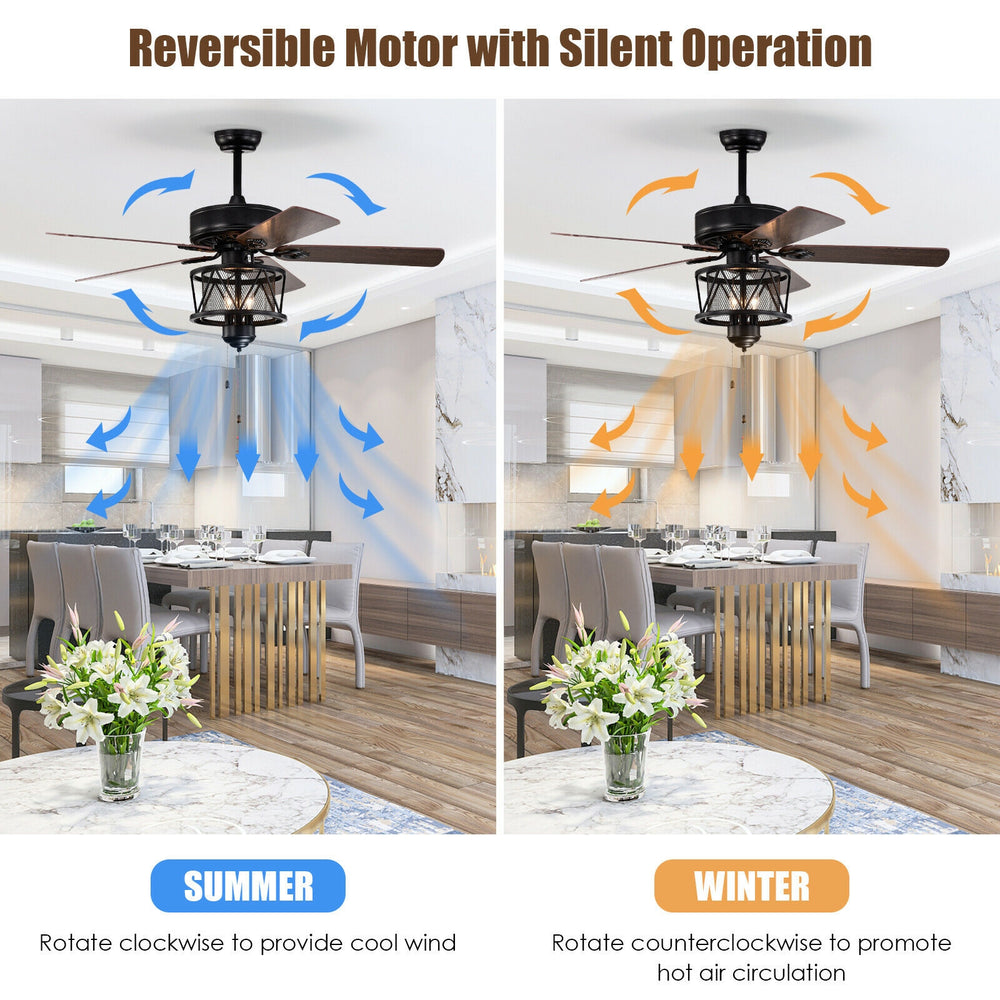 50-inch black ceiling fan with reversible blades, pull chain control, and lights, ideal for living rooms and bedrooms.