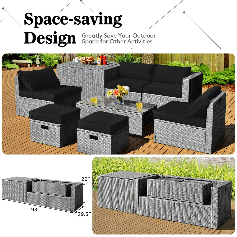 8-piece patio rattan furniture set with storage, black cushions, and waterproof cover, perfect for outdoor relaxation.