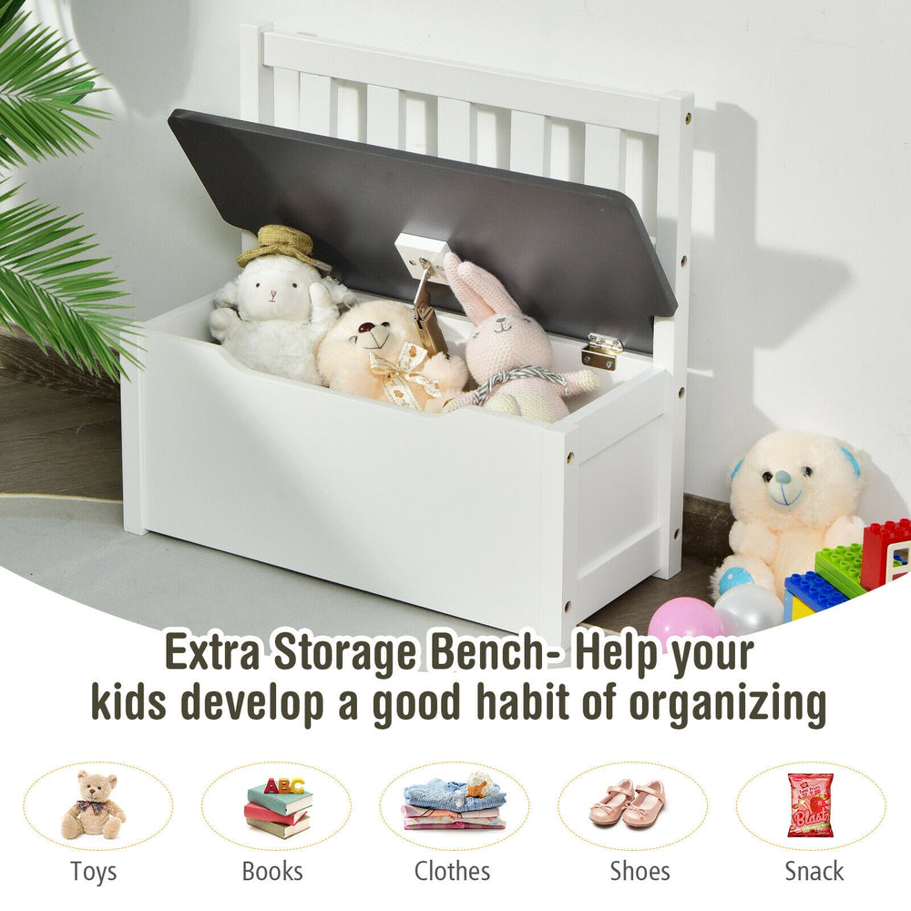 Kids wooden storage bench with safety hinge, perfect for organizing toys and clothes in a playroom or bedroom.