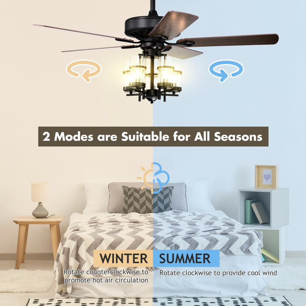 50-inch noiseless ceiling fan with explosion-proof glass lampshades, featuring reversible blades for summer and winter.