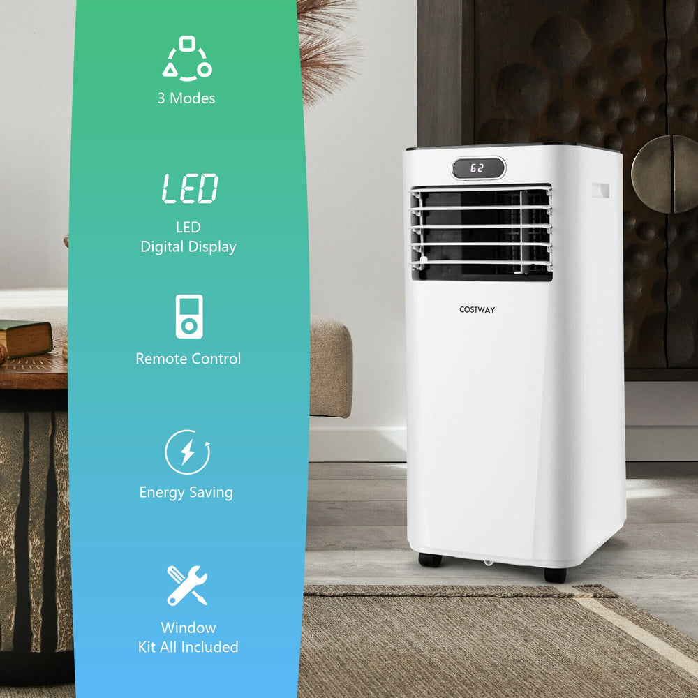 Portable 8000BTU air conditioner in white with remote control, featuring 3 modes and energy-saving design for versatile.