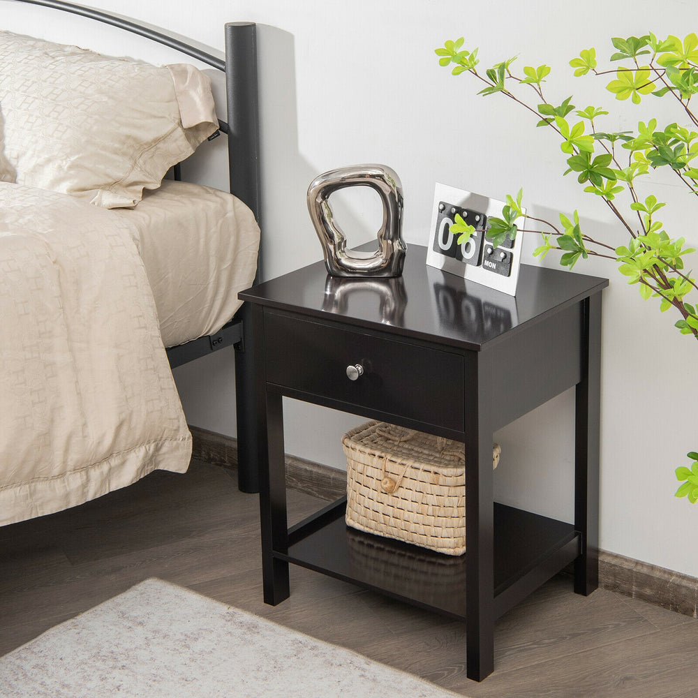 Black wooden storage shelf with drawer, featuring a wide tabletop and bottom shelf, perfect for bedroom or living room.