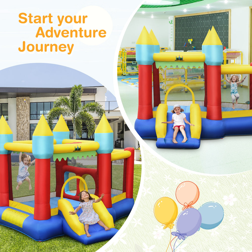 Kid's inflatable bouncer with multiple play areas, mesh walls, and 480W blower for outdoor fun and safety.