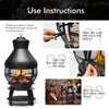 Patio wood burning chimney fireplace with heavy-duty cast iron, round mesh screen, and fire poker for outdoor warmth.