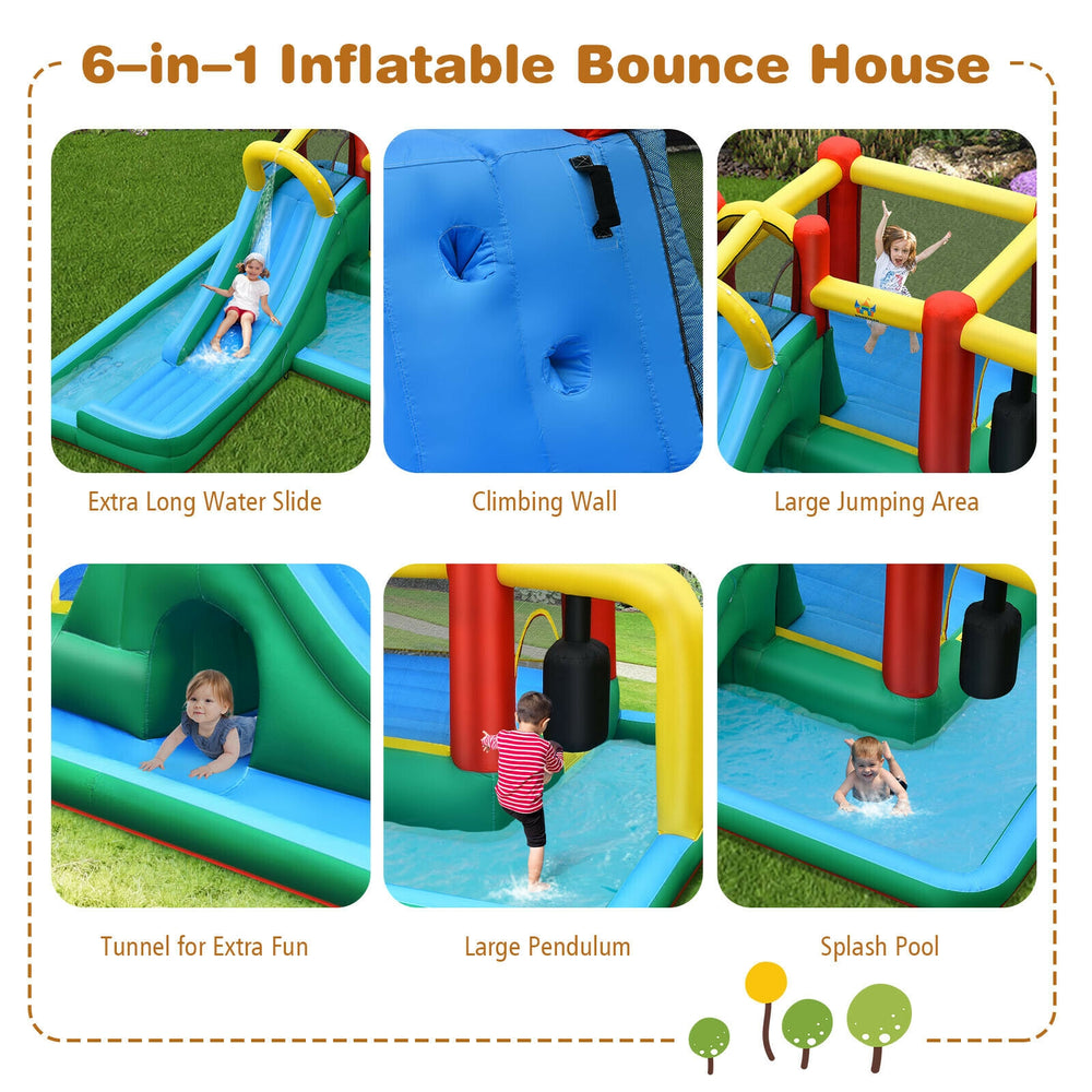 Inflatable water slide bounce house featuring a climbing wall, splash pool, and tunnel for outdoor fun.