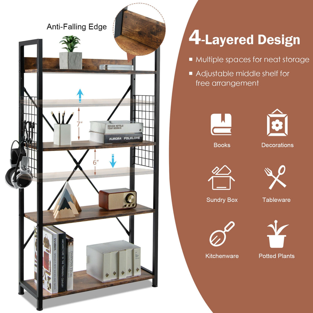 4-tier industrial bookshelf with adjustable shelves and hooks, perfect for stylish storage in any room.