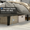 Queen size upholstered bed frame with tufted headboard and 8" under-bed storage space for organized belongings.