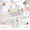 Kids vanity set featuring a tri-fold mirror, 3 drawers, and a chair, designed for safe and stylish playtime.