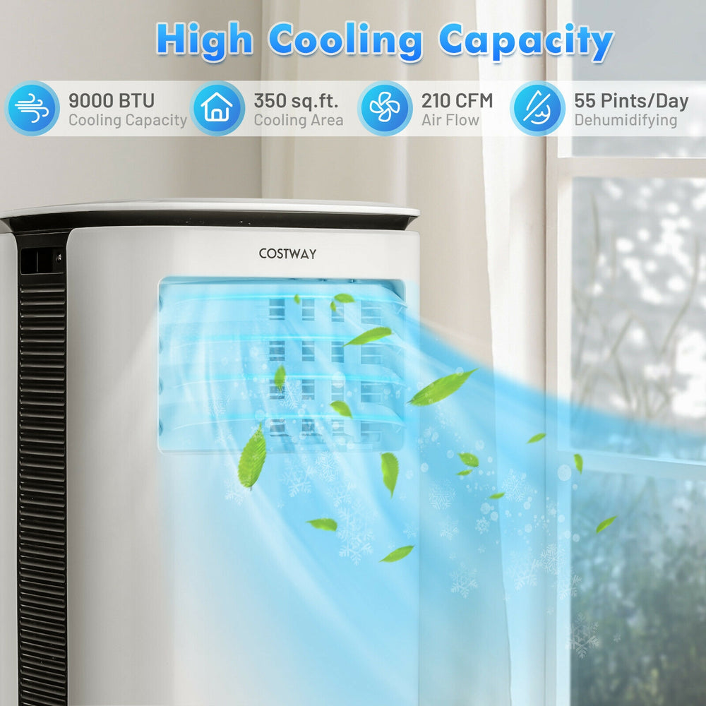 9000 BTU portable air conditioner with fan and dehumidifier, ideal for cooling spaces up to 350 sq.ft.