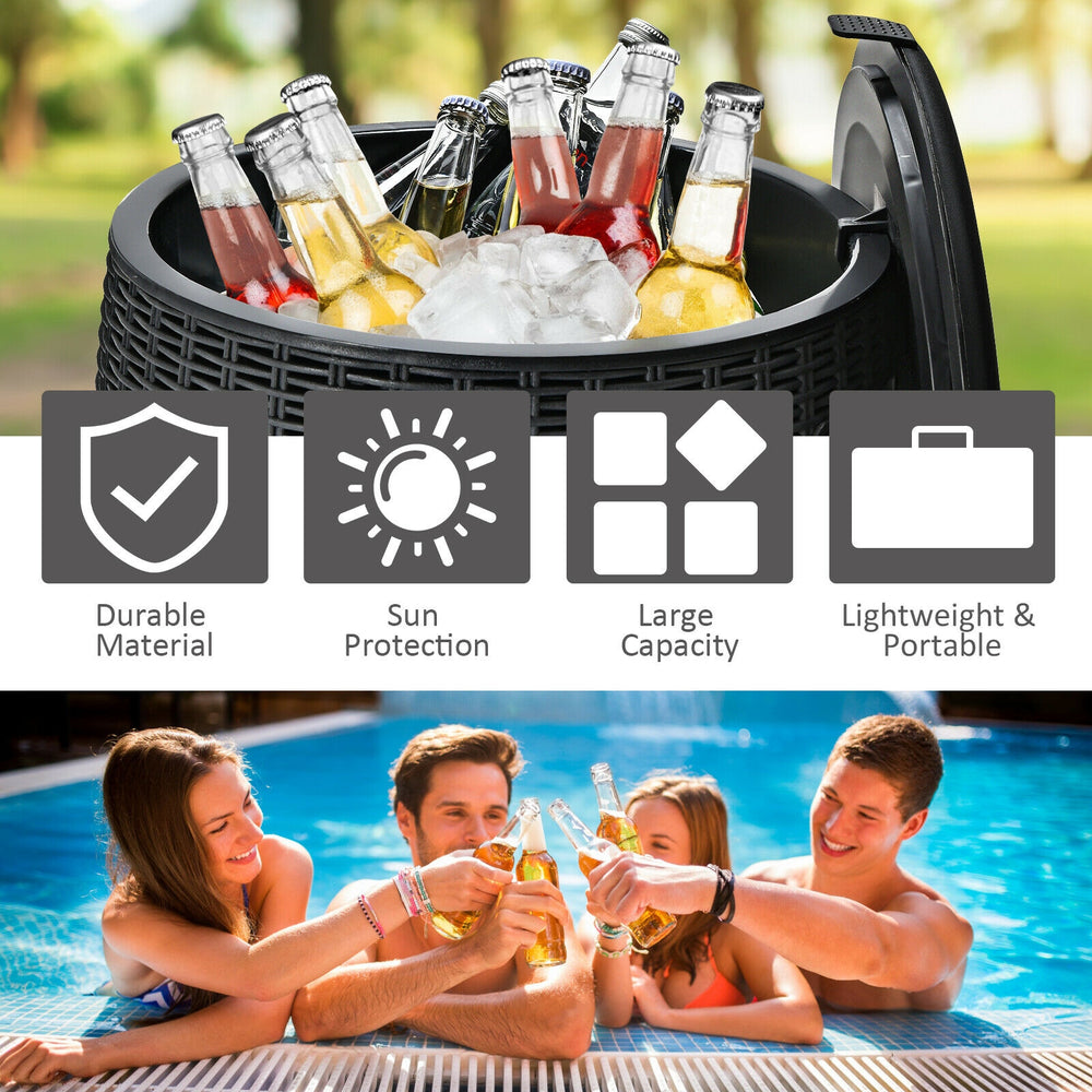 Rattan-style 9.5-gallon patio cool bar with drinks, serving as an ice bucket, coffee table, and storage box.