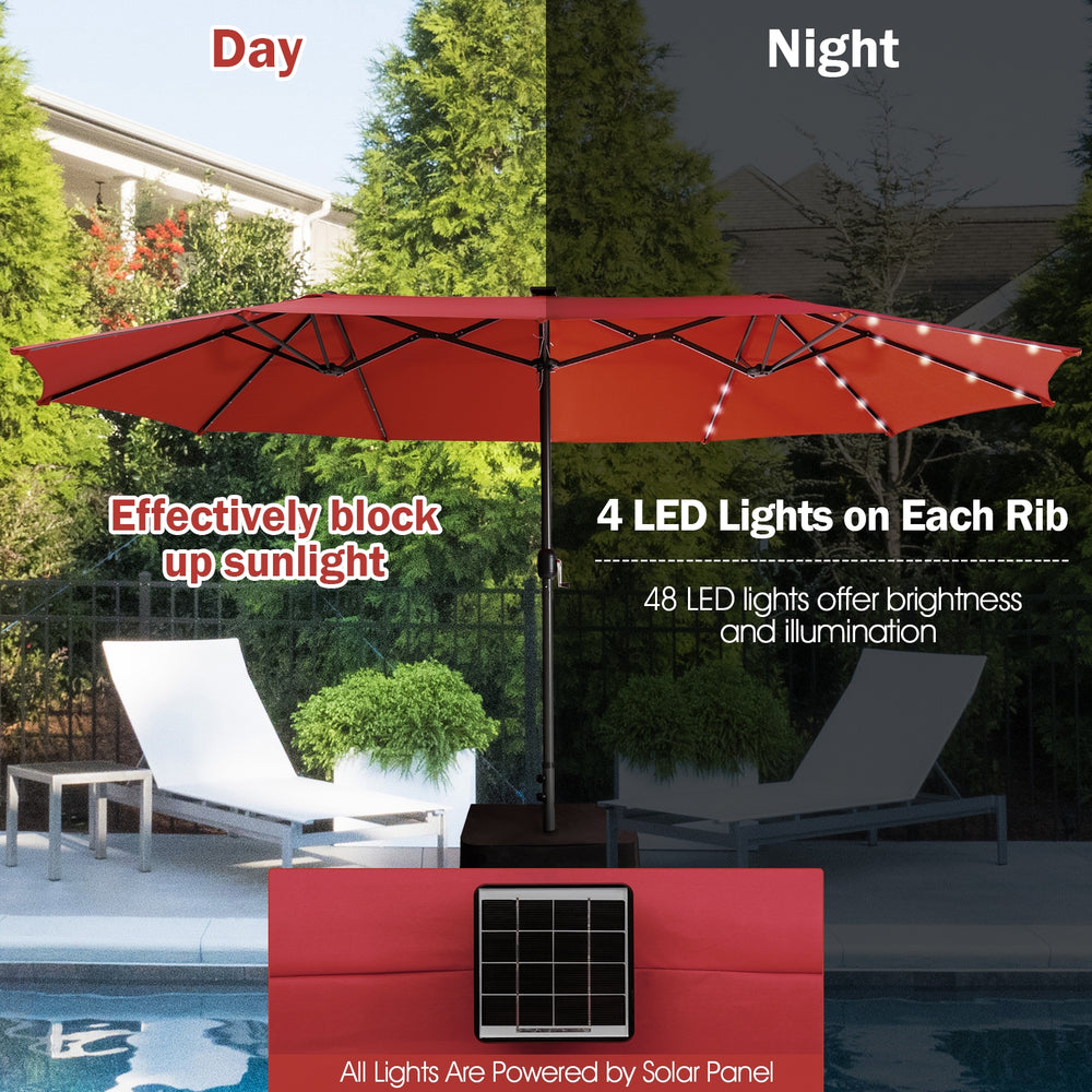 15-foot dark red twin patio umbrella with 48 solar LED lights, providing spacious shade for outdoor gatherings.