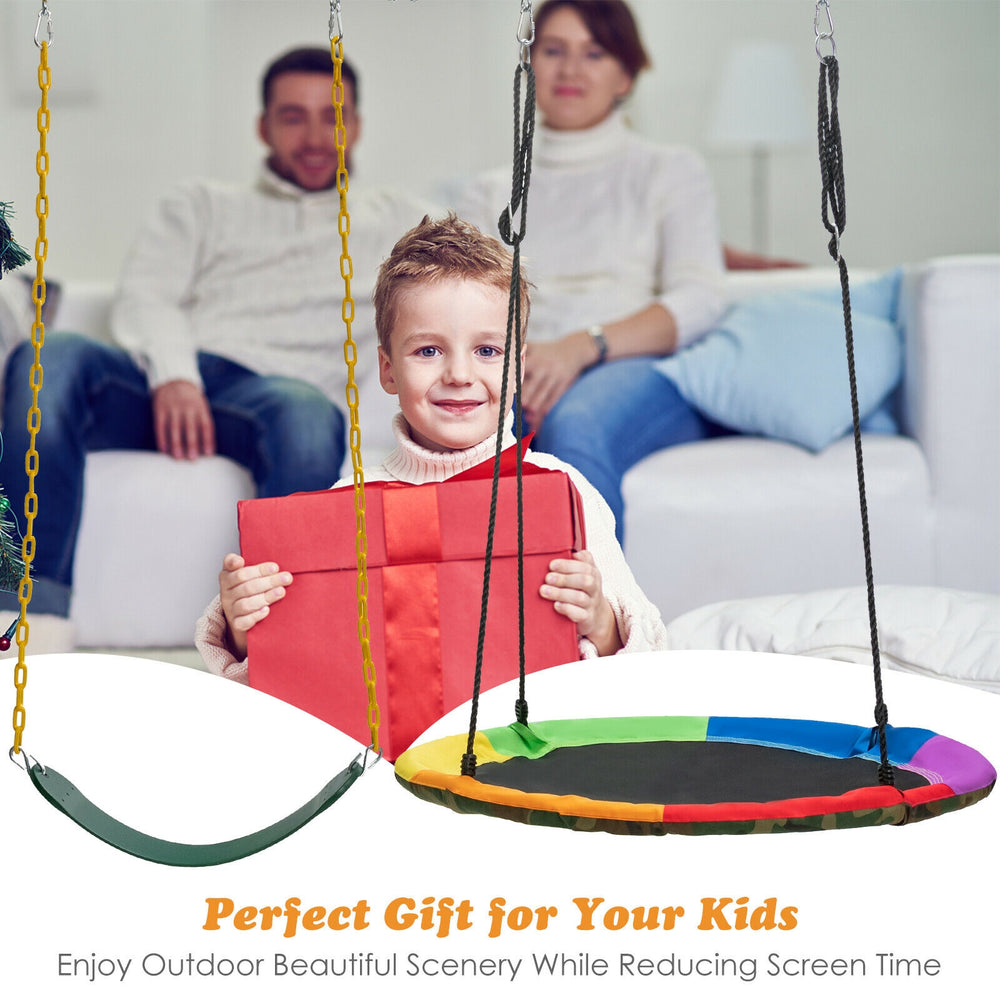 Saucer tree swing and U-shaped swing seat set for kids, featuring durable materials and rustproof chains for outdoor.