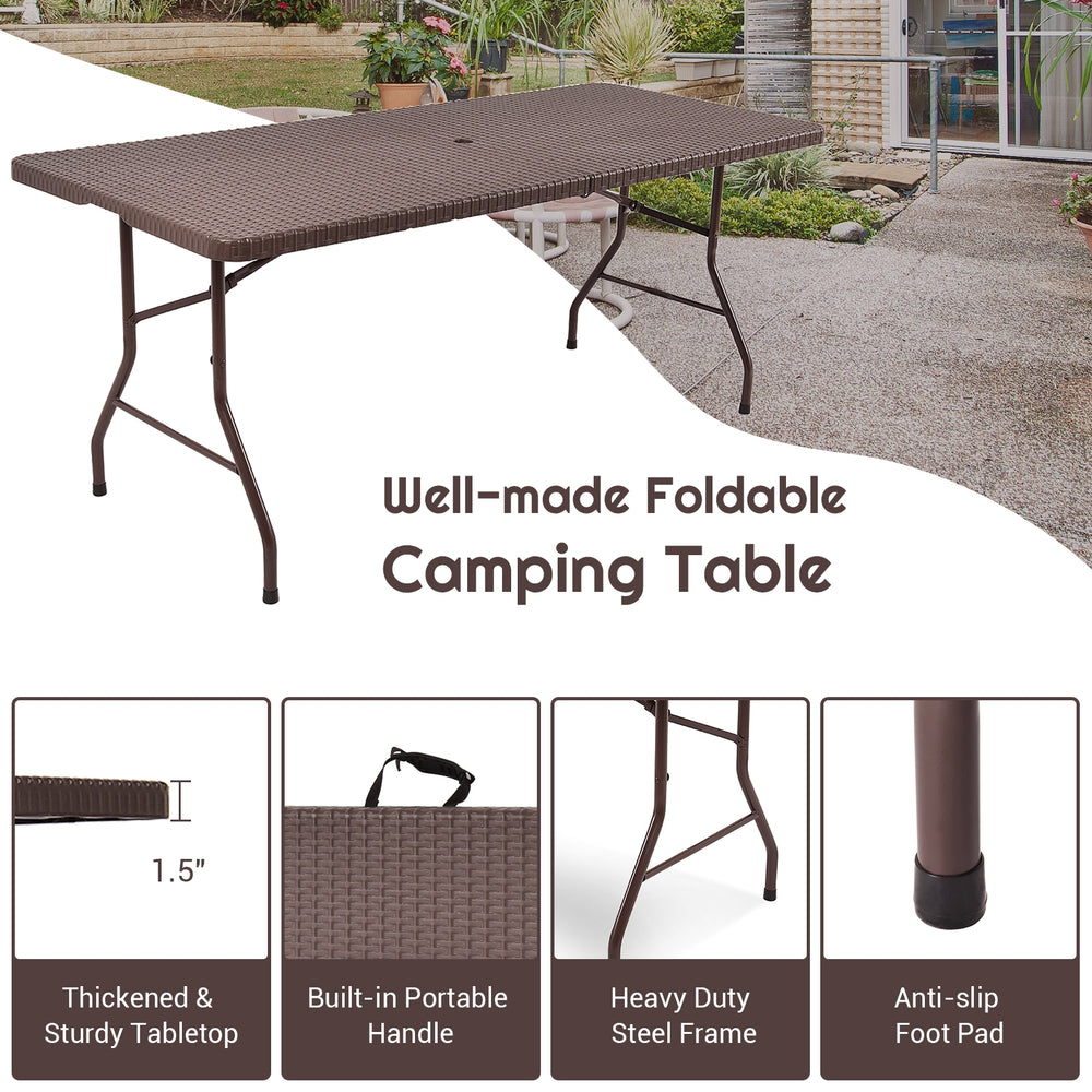 6 feet folding portable rattan table with carrying handle, sturdy steel frame, ideal for camping and outdoor use.
