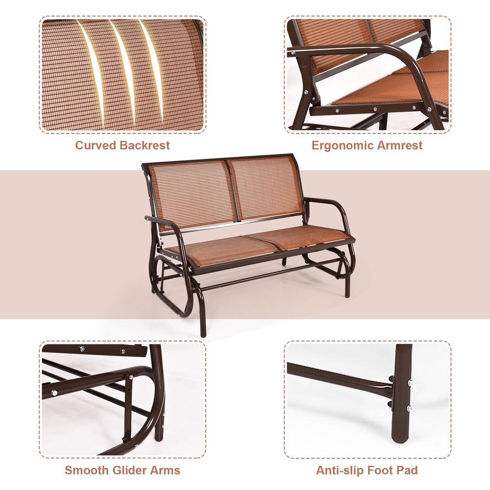 Curved backrest and ergonomic armrests of the brown swing glider chair, perfect for outdoor relaxation in patios or.
