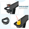 Handy cup holder detail of the black outdoor Adirondack chair, designed for easy access to drinks in your backyard.