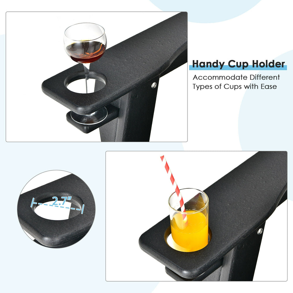 Handy cup holder detail of the black outdoor Adirondack chair, designed for easy access to drinks in your backyard.