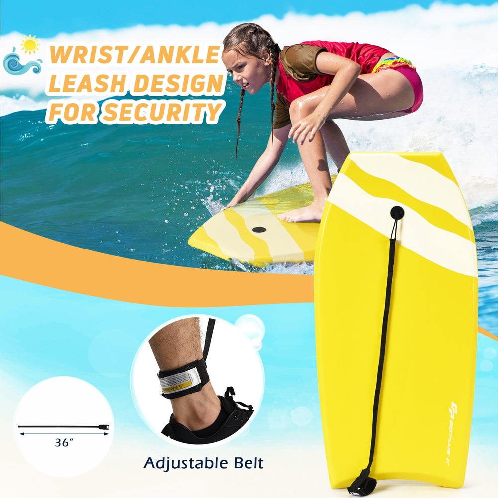 Lightweight yellow bodyboard with EPS core and leash for safety, ideal for surfing at the beach or water park.