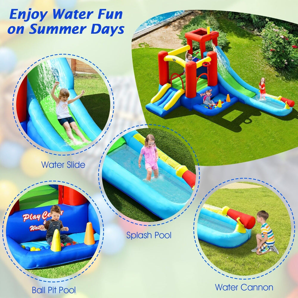 Colorful 9-in-1 inflatable kids water slide bounce house with splash pool, water cannon, and ball pit for outdoor fun.