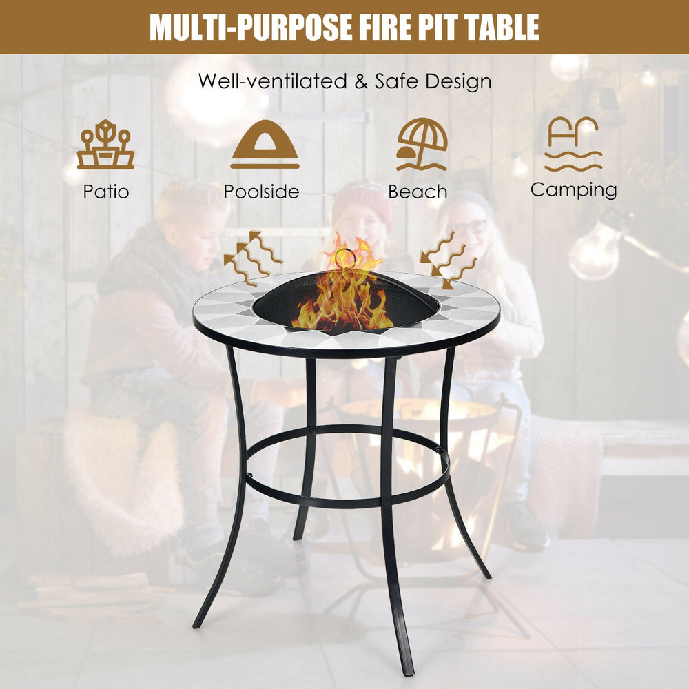 Round 23.5-inch fire pit table with mesh cover, durable steel frame, perfect for outdoor gatherings on patio or.