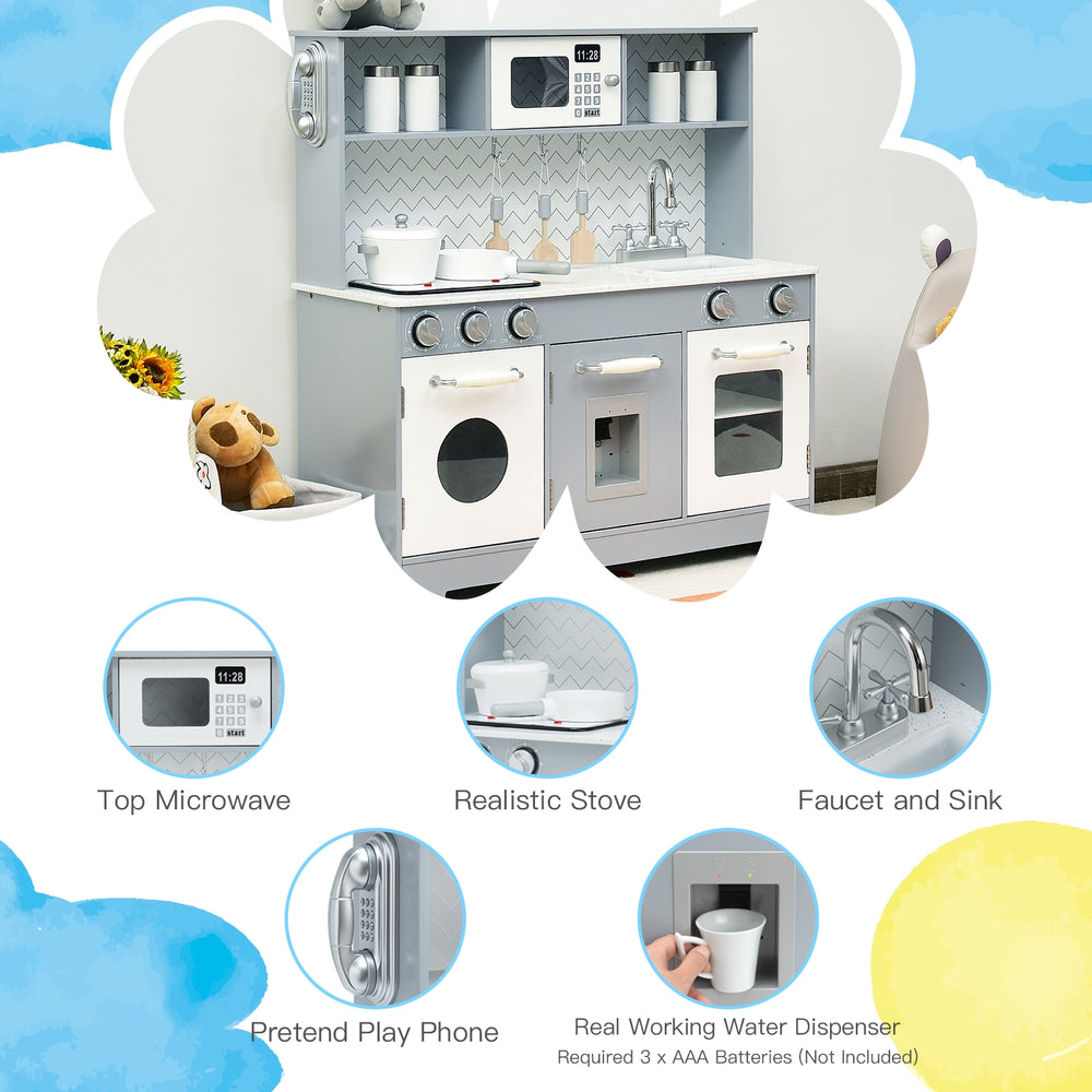 Wooden pretend play kitchen set featuring a realistic stove, sink, and working water dispenser for kids' imaginative.
