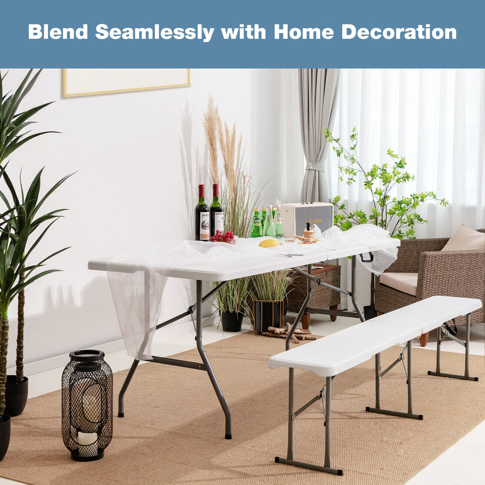 Portable 6-foot folding bench with anti-rust frame, ideal for outdoor events and easy storage, shown in a home setting.