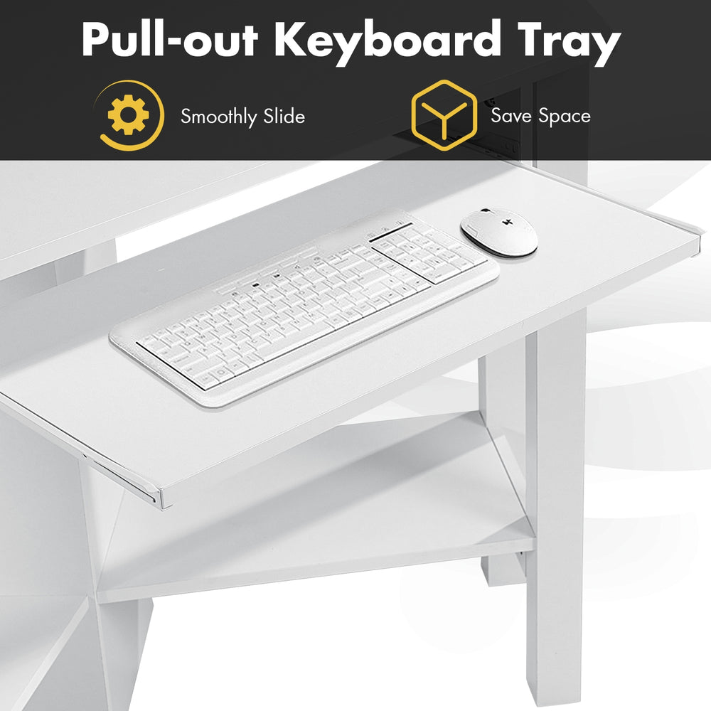 Pull-out keyboard tray of the white wooden study computer corner desk for space-saving and organized workspace.