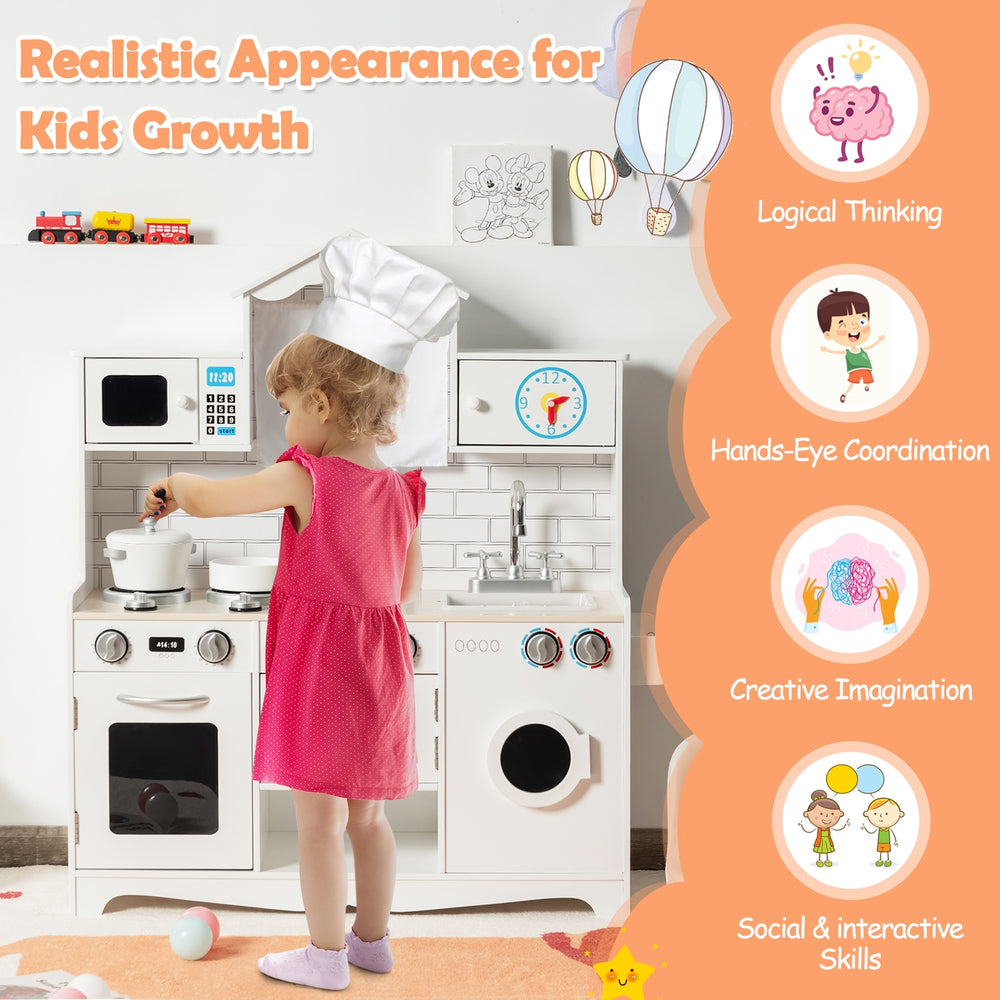 Wooden kids kitchen playset with washing machine, pot, pan, and utensils, designed for imaginative play and skill.