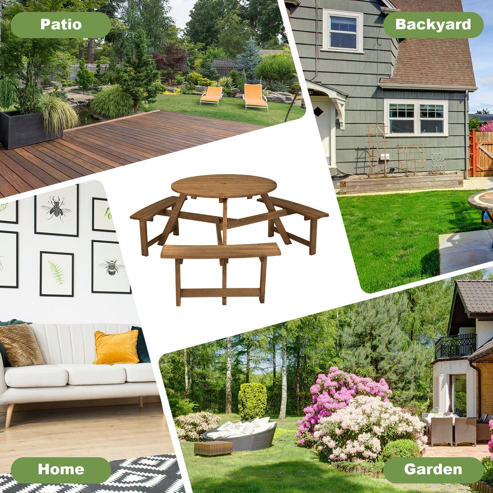 Round wooden picnic table with umbrella hole, dark brown, seats 6 with 3 built-in benches for outdoor patio or garden.