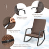 Brown patio rocking chair with ergonomic armrests, zippered cushion, and rustproof steel frame for outdoor comfort.
