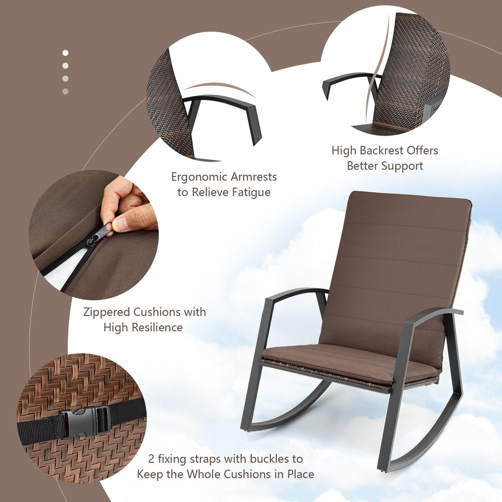 Brown patio rocking chair with ergonomic armrests, zippered cushion, and rustproof steel frame for outdoor comfort.