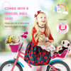 Kids' bicycle with a special doll seat, 14-inch wheels, training wheels, and a basket for fun outdoor adventures.