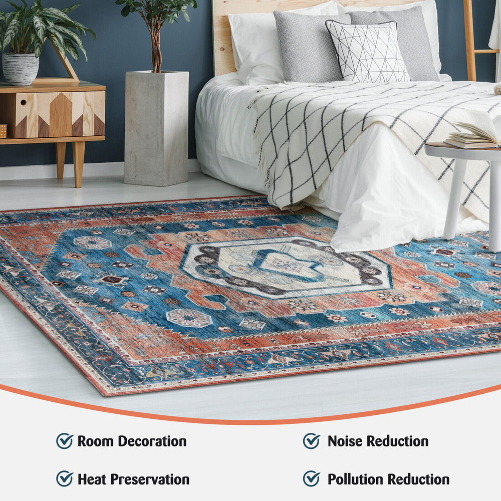 Distressed vintage area rug in 5 x 7 inch size, featuring a non-slip surface, ideal for living room or bedroom decor.