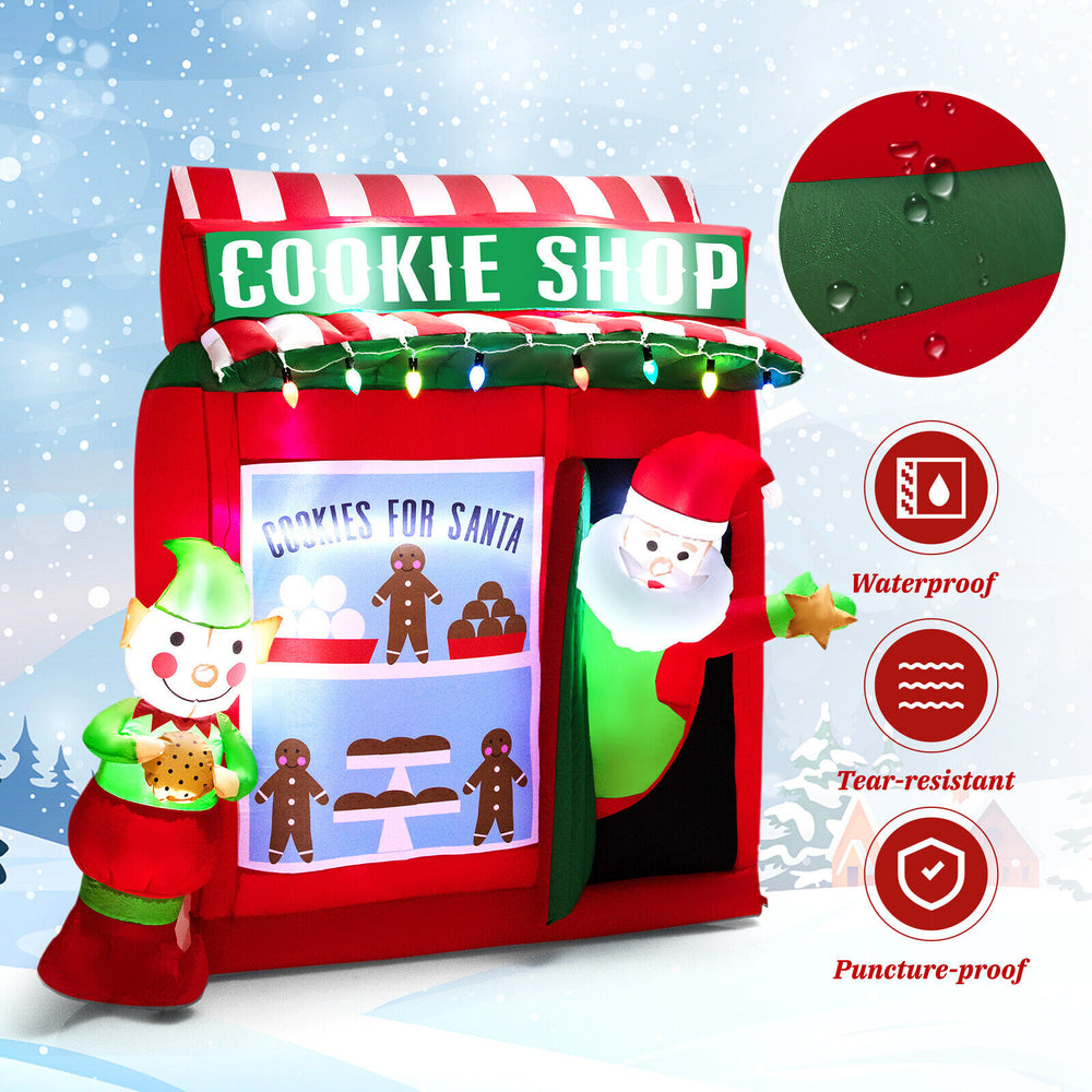 Inflatable 6.3 feet gingerbread cookie shop with Santa, featuring colorful lights and waterproof fabric for outdoor.