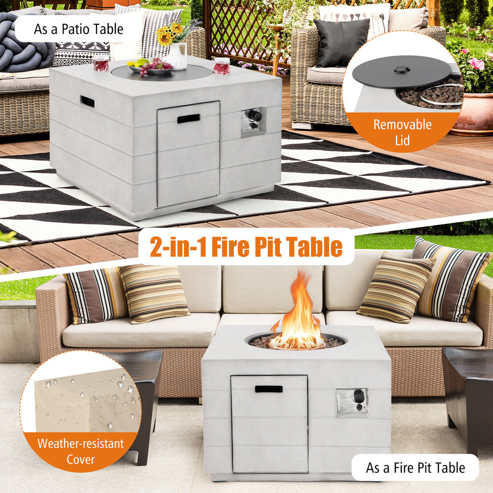 34-inch square gray concrete propane fire pit table with removable lid, 50,000 BTU, ideal for outdoor patio use.
