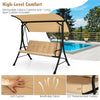 3-seat outdoor porch swing with adjustable beige canopy and padded cushions, perfect for poolside relaxation.