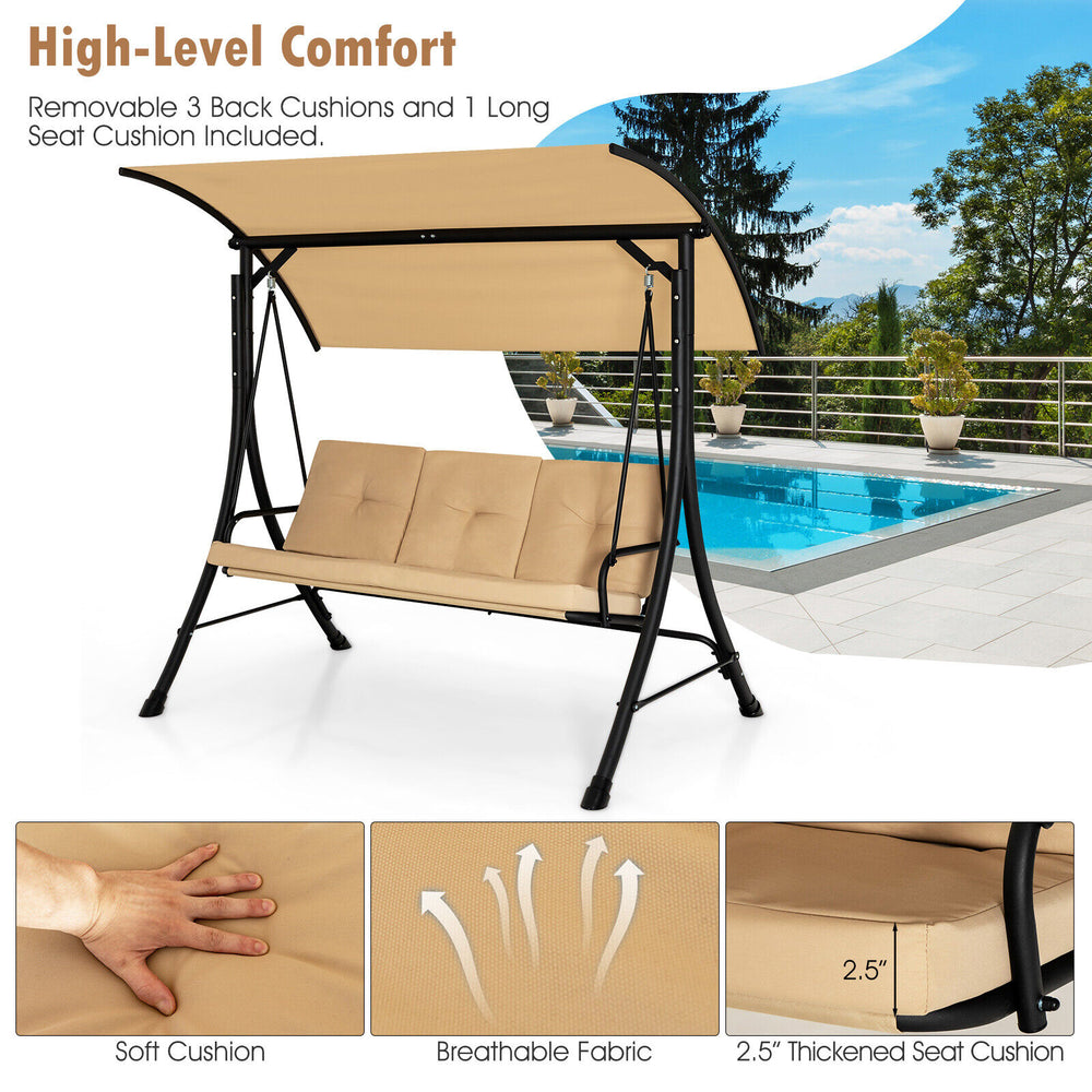 3-seat outdoor porch swing with adjustable beige canopy and padded cushions, perfect for poolside relaxation.