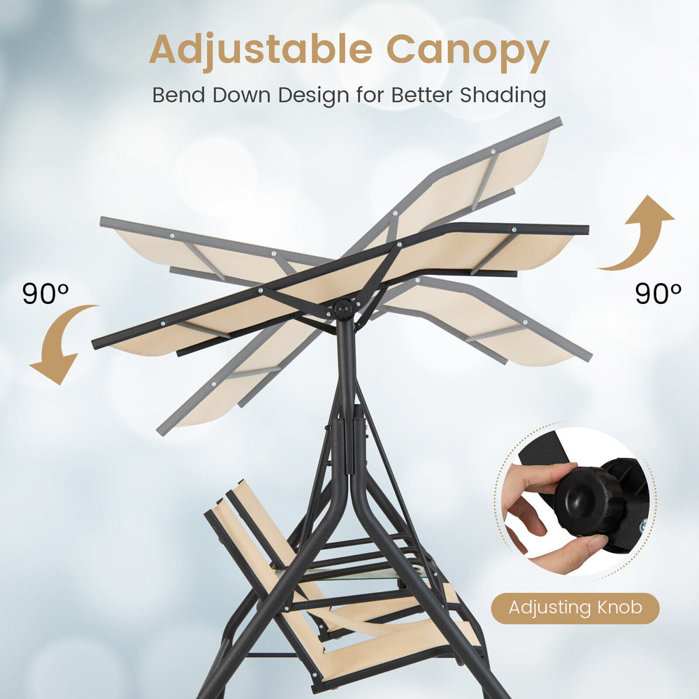 Adjustable canopy of the 2-seat outdoor cushioned porch swing for customizable shading and enhanced comfort.