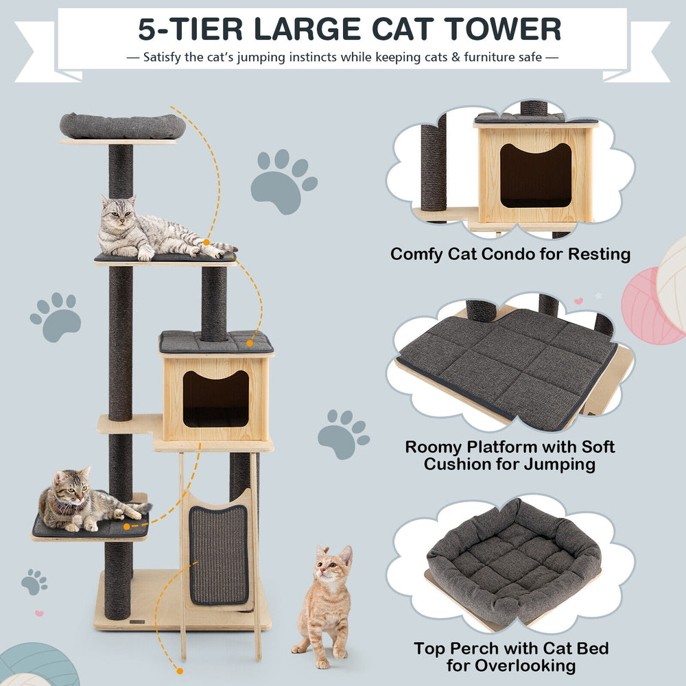 5-tier wooden cat tower with washable gray cushions, featuring a large condo, jumping platforms, and a top perch for.