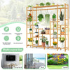 9-tier bamboo plant stand with hanging rack, featuring sturdy construction and ample storage for indoor and outdoor.