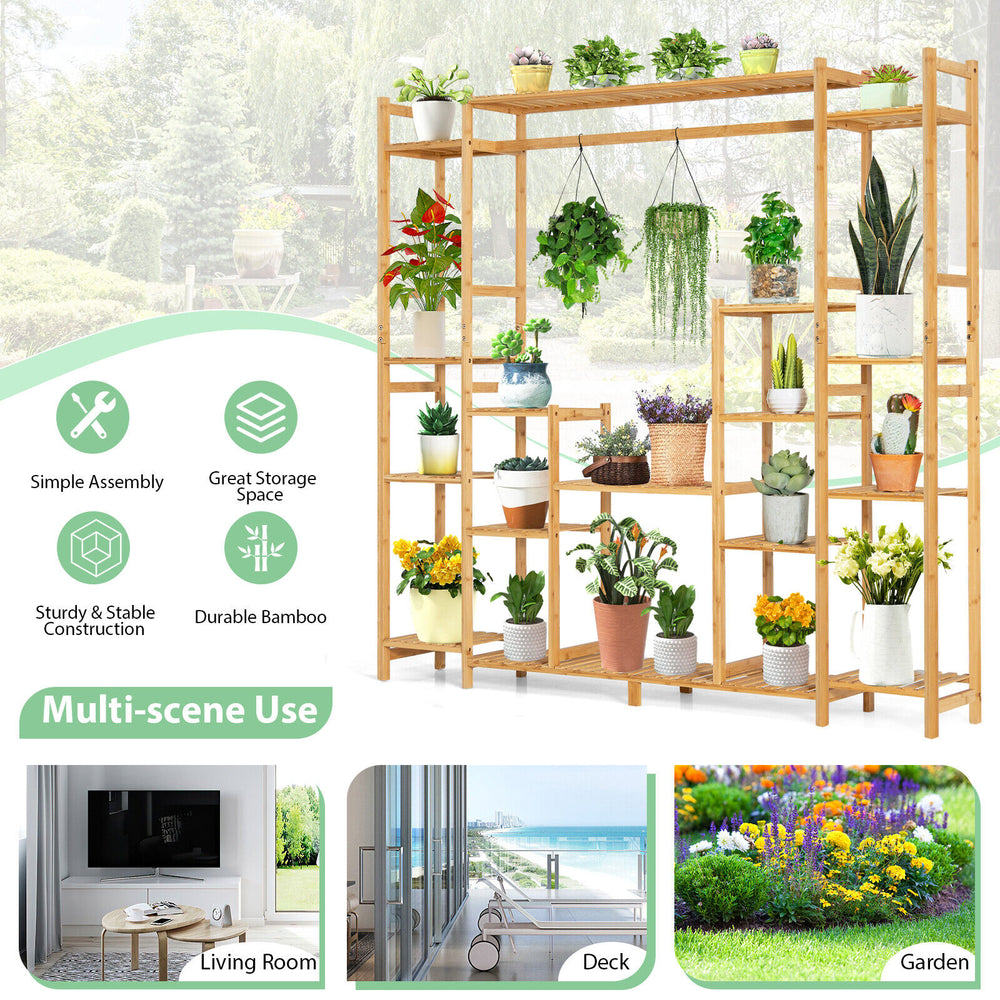 9-tier bamboo plant stand with hanging rack, featuring sturdy construction and ample storage for indoor and outdoor.
