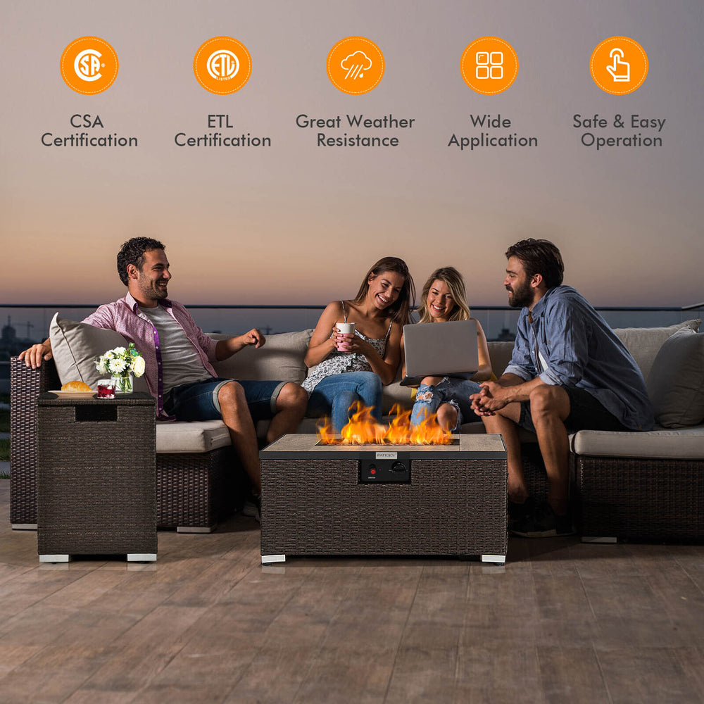 Brown 32 x 20 inch propane rattan fire pit table set with side table, perfect for outdoor gatherings and warmth.