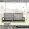 2-person patio wicker hanging swing chair with black PE rattan, acacia wood armrests, and 47" spacious seat for outdoor.
