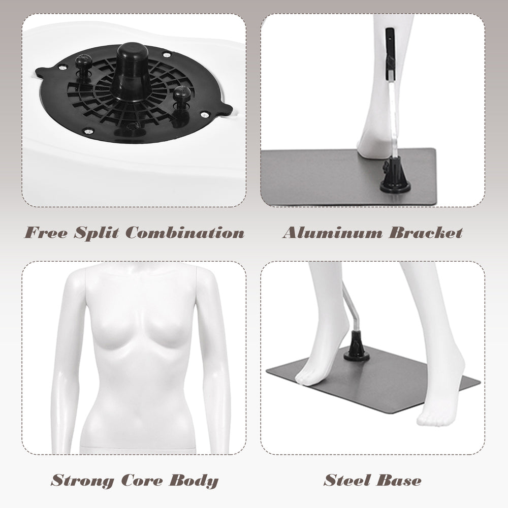 Close-up of the aluminum bracket and steel base of a 5.8 ft female mannequin for easy assembly and stability.