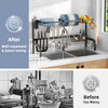 2 Tier adjustable over sink dish drying rack with 4 baskets and 8 hooks, designed for space-saving and organization.